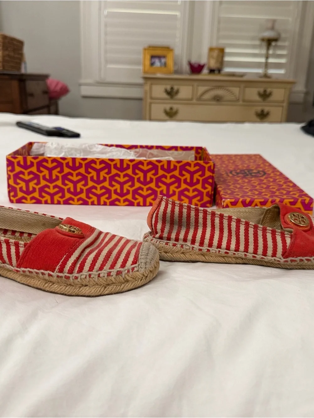 Tory Burch Red and Cream Striped Espadrille Slip-Ons